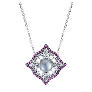 Gabriel & Co. NK4438SVJMC sterling silver Art Nouveau necklace, front view of the openwork frame with a round pale center stone bordered by small purple stones