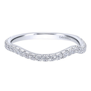 Gabriel & Co. WB10060W44JJ 14 karat white gold Contemporary wedding band, front view of a scalloped stone lined contour with a broad shallow center dip