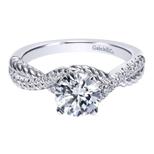 Gabriel & Co. ER10298W44JJ 14 karat white gold Victorian engagement ring, angled view of the rope cable crossing a pave row just below the prong set center