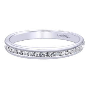 Gabriel & Co. WB9707W44JJ 14 karat white gold Victorian wedding band, angled view of a channel set row of rounds recessed in a plain polished rail