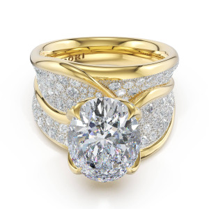 467OV125X9Y ring, top view of the oval center stone in yellow gold prongs on a wide crossover pave band
