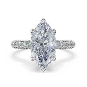 46825MQ145X75 Platinum top view of long marquise center stone held in six prongs