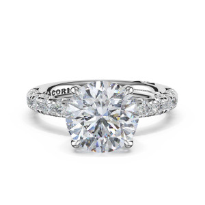 46825RD9 Platinum round solitaire ring setting, top view of split prong center and domed pave band
