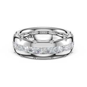 4716B12 Platinum wedding band, top view of channel set round diamonds and milgrain ribbon