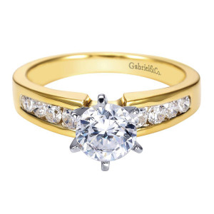 Gabriel & Co. ER2200M44JJ two-tone 14 karat gold Contemporary engagement ring, front view of the round center in a six prong head above channel set rounds