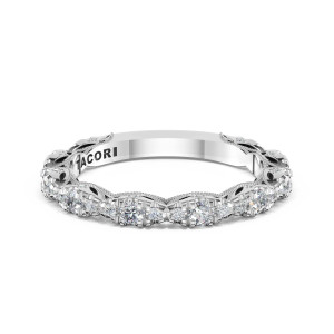 Tacori 48224B34 Platinum band top view of diamond stations linked by milgrain lace on platinum