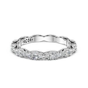 Wedding band 48224BET Platinum top view showing marquise stations with diamonds in a lace ribbon
