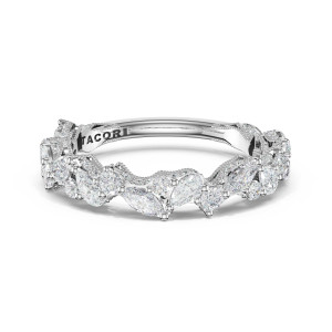 483B34 Platinum wedding band, top view of scattered marquise pear and round diamonds