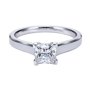 Gabriel & Co. ER6575PTJJJ platinum Contemporary engagement ring, front view of a square center held corner to corner by flat claws on a slim shank