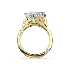 Tacori 496OV16X9LDY profile view, flared pave lined supports rising to the claw prongs over an open cathedral gallery, with a hidden pave cluster inside the shank