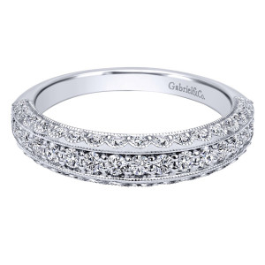 Gabriel & Co. WB911785S2W44JJ 14 karat white gold Victorian wedding band, front view of broad stone covered upper and side surfaces separated by fine beaded ridges