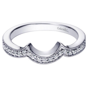 Gabriel & Co. WB5692W44JJ 14 karat white gold Victorian wedding band, front view of a deep scooped cutout with bead set rounds along the milgrain edge