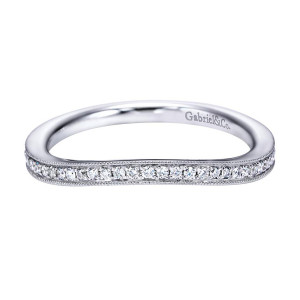 Gabriel & Co. WB7542W44JJ 14 karat white gold Victorian wedding band, front view of a slim row of small stones between milgrain rails on a flattened curve