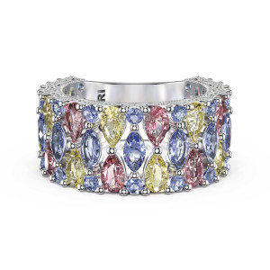 512734CS1 wedding band, top view of multicolor pastel sapphires in several rows