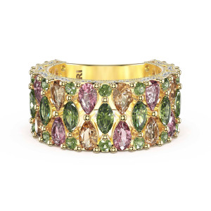 512FY734CS2 yellow gold band, front view of green, pink, and champagne stones between diamond rails