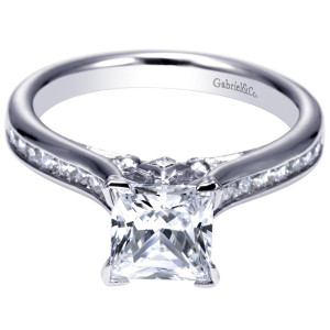 Gabriel & Co. ER8859W44JJ 14 karat white gold Contemporary engagement ring, front view of the princess center above a channel row running down each shoulder