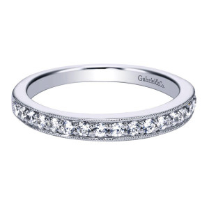 Gabriel & Co. WB3858W44JJ 14 karat white gold Victorian wedding band, front view of a single bead set row with milgrain edges above plain polished sides