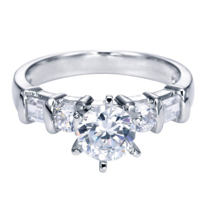 Gabriel & Co. ER2692PT3JJ platinum Contemporary engagement ring, front view of the round center above bar set rounds alternating with straight baguettes