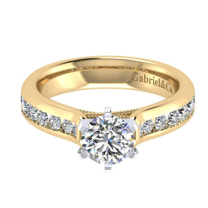 Gabriel & Co. ER4185M44JJ two-tone 14 karat gold Contemporary engagement ring, angled view of the round center in six prongs above a rope twist collar