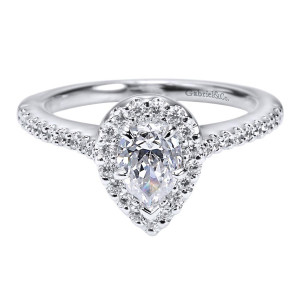Gabriel & Co. ER5828W44JJ 14 karat white gold Contemporary engagement ring, angled view of the pear center inside a pear shaped halo above a pave shank