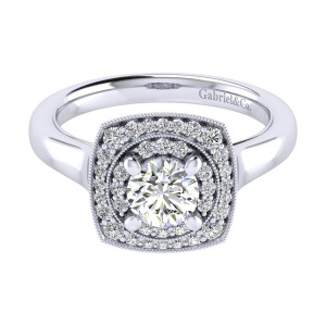 Gabriel & Co. ER009B3AFW44JJ 14 karat white gold Perfect Match engagement ring, top view of a round inner halo set within a cushion shaped outer row of stones