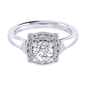 Gabriel & Co. ER009B3AAW44JJ 14 karat white gold Perfect Match engagement ring, top view of a round center in a squared halo framed by two beaded rims
