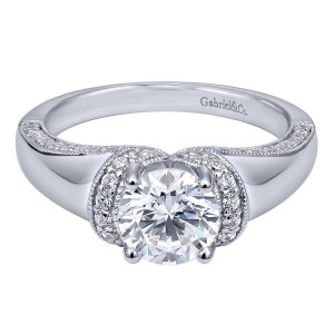 Gabriel & Co. ER10487W44JJ 14 karat white gold Contemporary engagement ring, front view of the round center hugged by two milgrain edged pave crescents