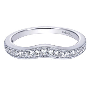 Gabriel & Co. WB4099W44JJ 14 karat white gold Victorian wedding band, front view of the contoured dip with bead set rounds between milgrain edged rails