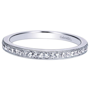 Gabriel & Co. WB8687W44JJ 14 karat white gold Victorian wedding band, angled view showing the polished inner rim above the milgrain framed row of bright stones