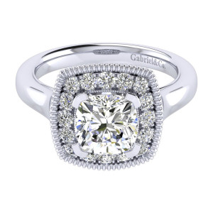 Gabriel & Co. ER009C8AKW44JJ 14 karat white gold Perfect Match engagement ring, front view of a cushion center in a single squared halo bordered by twisted rope trim