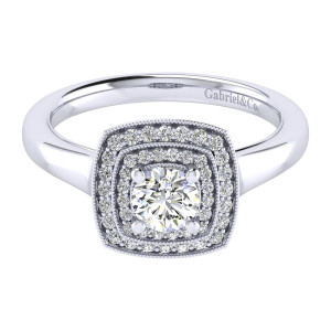 Gabriel & Co. ER009A2AGW44JJ 14 karat white gold Perfect Match engagement ring, top view of the round center inside two squared stone rows edged with milgrain rails