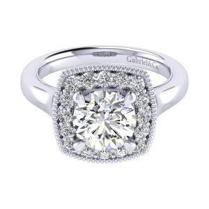 Gabriel & Co. ER009C8ABW44JJ 14 karat white gold Perfect Match engagement ring, top view of a round center ringed by large stones inside a beaded cushion frame