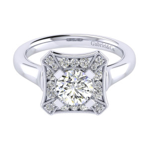 Gabriel & Co. ER009B4AEW44JJ 14 karat white gold Perfect Match engagement ring, front view of a star shaped halo plate with concave sides and milgrain outlines