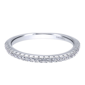 Gabriel & Co. WB10103W44JJ 14 karat white gold Contemporary wedding band, front view of a straight prong set stone row with smooth broad shoulders