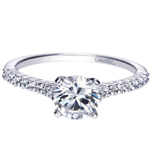 Gabriel & Co. ER7983W44JJ 14 karat white gold Contemporary engagement ring, front view of a round center over a slim shoulder row of shared prong rounds