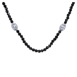 Gabriel & Co. NK3408SVJBS sterling silver Roaring 20's Diamond Station necklace, front view of the faceted black bead strand with two oval openwork scroll stations