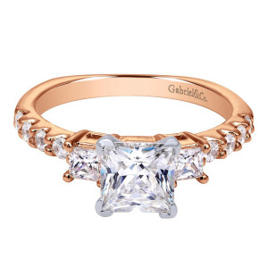 Gabriel & Co. ER4020T44JJ two-tone 14 karat gold Contemporary engagement ring, front view of the princess center flanked by two smaller square stones on shared prong shoulders