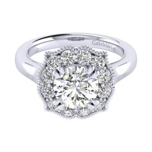 Gabriel & Co. ER009C8ACW44JJ 14 karat white gold Perfect Match engagement ring, top view of a round center circled by large stones in a scalloped milgrain outline