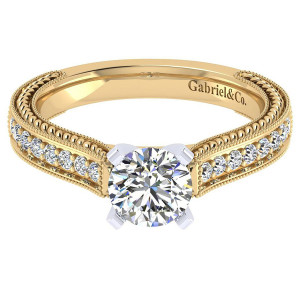 Gabriel & Co. ER6633M44JJ two-tone 14 karat gold Victorian engagement ring, top view of the tapered shank with its bright stone row beside a rope braid