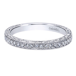 Gabriel & Co. WB10910W44JJ 14 karat white gold Victorian wedding band, front view of matched rounds running well down each side between beaded rims