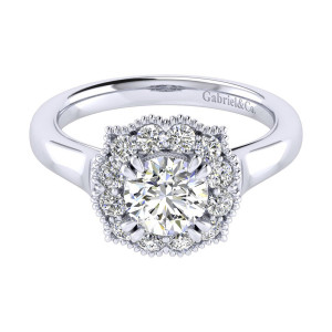 Gabriel & Co. ER009B4ACW44JJ 14 karat white gold Perfect Match engagement ring, top view of the scalloped halo of large rounds ringed by a milgrain rim
