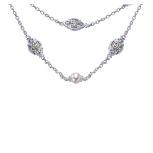 Gabriel & Co. NK3428MYJPL two-tone sterling silver and 18 karat gold Roaring 20's Diamond Station necklace, front view of filigree quatrefoil stations