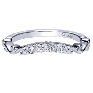Gabriel & Co. WB9184W44JJ 14 karat white gold Victorian wedding band, front view of four milgrain collared rounds set in a row between open scroll curls