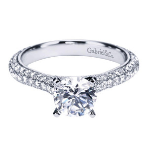 Gabriel & Co. ER6649W44JJ 14 karat white gold Contemporary engagement ring, front view of the round center above two pave rows split by a milgrain ridge
