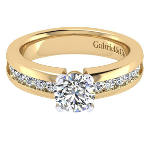 Gabriel & Co. ER3986M44JJ two-tone 14 karat gold Contemporary engagement ring, front view of the round center set low on a wide flat shank with channel rounds