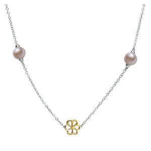Gabriel & Co. NK2778MYJPL two-tone sterling silver and 18 karat gold Floral Diamond Station necklace, close view of two pink pearl stations flanking a yellow tone