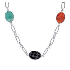 Gabriel & Co. NK4296ETSVJMC sterling silver Roaring 20's Diamond Station necklace, close view of twisted rope links with bezel-set green, orange and black oval stones