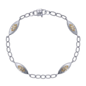 Gabriel & Co. TB2613MYJJJ two-tone sterling silver and 18 karat gold Roaring 20's Diamond Station bracelet, front view of four brushed marquise stations