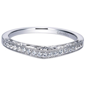 Gabriel & Co. WB8805W44JJ 14 karat white gold Victorian wedding band, front view of the gently curved contour with round stones in a milgrain edged rail