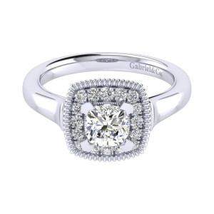 Gabriel & Co. ER009B4AKW44JJ 14 karat white gold Perfect Match engagement ring, front view of the cushion center inside a rope edged halo on tapered shoulders